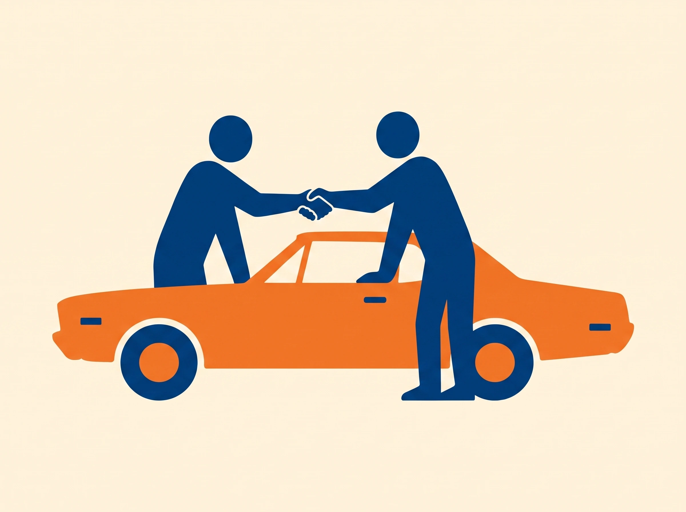 Two people shaking hands over a car hood